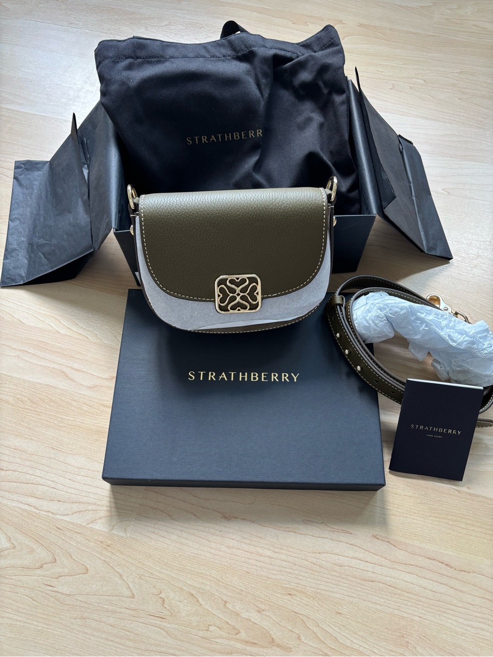 STRATHBERRY Mini Bay Bag in Khaki Suede NWT